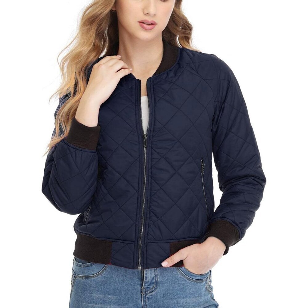 Women's Lightweight Zip Up Fashion Outerwear Dark Blue Quilted Bomber Jacket - Picture 3 of 5